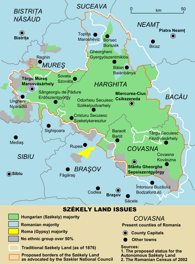Historyczne granice Seklerszczyzny i proponowany zasięg autonomi. Źródło: Andrei Nacu, domena publiczna